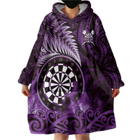 Personalised New Zealand Darts Wearable Blanket Hoodie Maori Koru Dartboard Purple Flame