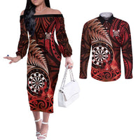 Personalised New Zealand Darts Couples Matching Off The Shoulder Long Sleeve Dress and Long Sleeve Button Shirt Maori Koru Dartboard Red Flame