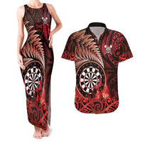 Personalised New Zealand Darts Couples Matching Tank Maxi Dress and Hawaiian Shirt Maori Koru Dartboard Red Flame