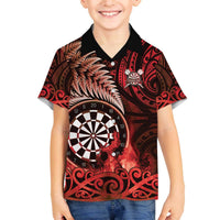 Personalised New Zealand Darts Family Matching Off The Shoulder Long Sleeve Dress and Hawaiian Shirt Maori Koru Dartboard Red Flame LT05 Son's Shirt Red - Polynesian Pride