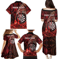 Personalised New Zealand Darts Family Matching Puletasi and Hawaiian Shirt Maori Koru Dartboard Red Flame LT05 - Polynesian Pride