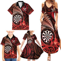 Personalised New Zealand Darts Family Matching Summer Maxi Dress and Hawaiian Shirt Maori Koru Dartboard Red Flame