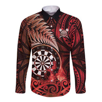 Personalised New Zealand Darts Long Sleeve Button Shirt Maori Koru Dartboard Red Flame