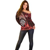 Personalised New Zealand Darts Off Shoulder Sweater Maori Koru Dartboard Red Flame