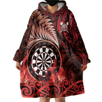 Personalised New Zealand Darts Wearable Blanket Hoodie Maori Koru Dartboard Red Flame