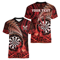 Personalised New Zealand Darts Women V-Neck T-Shirt Maori Koru Dartboard Red Flame