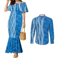 Hawaii Prince Kuhio Couples Matching Mermaid Dress and Long Sleeve Button Shirt Blue Hawaiian Lau Maia With Leis