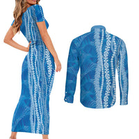 Hawaii Prince Kuhio Couples Matching Short Sleeve Bodycon Dress and Long Sleeve Button Shirt Blue Hawaiian Lau Maia With Leis