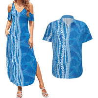 Hawaii Prince Kuhio Couples Matching Summer Maxi Dress and Hawaiian Shirt Blue Hawaiian Lau Maia With Leis