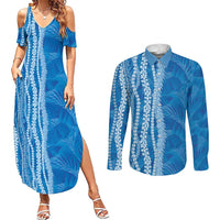 Hawaii Prince Kuhio Couples Matching Summer Maxi Dress and Long Sleeve Button Shirt Blue Hawaiian Lau Maia With Leis
