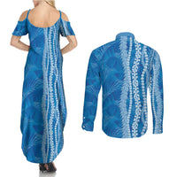 Hawaii Prince Kuhio Couples Matching Summer Maxi Dress and Long Sleeve Button Shirt Blue Hawaiian Lau Maia With Leis
