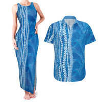 Hawaii Prince Kuhio Couples Matching Tank Maxi Dress and Hawaiian Shirt Blue Hawaiian Lau Maia With Leis LT05 Blue - Polynesian Pride