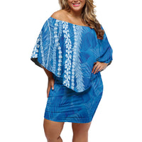 Hawaii Prince Kuhio Family Matching Off Shoulder Short Dress and Hawaiian Shirt Blue Hawaiian Lau Maia With Leis LT05 Mom's Dress Blue - Polynesian Pride