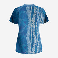 Hawaii Prince Kuhio Scrub Top Blue Hawaiian Lau Maia With Leis