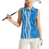 Hawaii Prince Kuhio Women Sleeveless Polo Shirt Blue Hawaiian Lau Maia With Leis