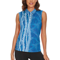 Hawaii Prince Kuhio Women Sleeveless Polo Shirt Blue Hawaiian Lau Maia With Leis