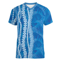 Hawaii Prince Kuhio Women V-Neck T-Shirt Blue Hawaiian Lau Maia With Leis