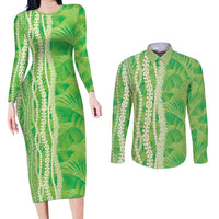 Hawaii Prince Kuhio Couples Matching Long Sleeve Bodycon Dress and Long Sleeve Button Shirt Lime Green Hawaiian Lau Maia With Leis LT05 Green - Polynesian Pride
