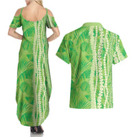Hawaii Prince Kuhio Couples Matching Summer Maxi Dress and Hawaiian Shirt Lime Green Hawaiian Lau Maia With Leis LT05 - Polynesian Pride