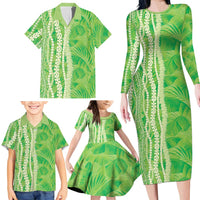 Hawaii Prince Kuhio Family Matching Long Sleeve Bodycon Dress and Hawaiian Shirt Lime Green Hawaiian Lau Maia With Leis LT05 - Polynesian Pride