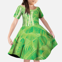 Hawaii Prince Kuhio Family Matching Puletasi and Hawaiian Shirt Lime Green Hawaiian Lau Maia With Leis LT05 Daughter's Dress Green - Polynesian Pride