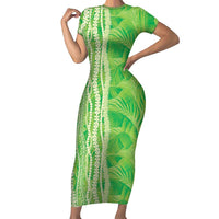 Hawaii Prince Kuhio Family Matching Short Sleeve Bodycon Dress and Hawaiian Shirt Lime Green Hawaiian Lau Maia With Leis LT05 Mom's Dress Green - Polynesian Pride