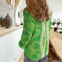 Hawaii Prince Kuhio Women Casual Shirt Lime Green Hawaiian Lau Maia With Leis