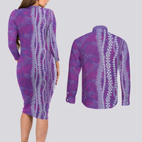 Hawaii Prince Kuhio Couples Matching Long Sleeve Bodycon Dress and Long Sleeve Button Shirt Violet Hawaiian Lau Maia With Leis LT05 - Polynesian Pride