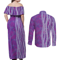Hawaii Prince Kuhio Couples Matching Off Shoulder Maxi Dress and Long Sleeve Button Shirt Violet Hawaiian Lau Maia With Leis