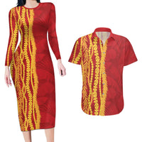 Hawaii Prince Kuhio Couples Matching Long Sleeve Bodycon Dress and Hawaiian Shirt Red Hawaiian Lau Maia With Leis LT05 Red - Polynesian Pride