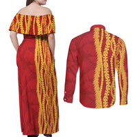 Hawaii Prince Kuhio Couples Matching Off Shoulder Maxi Dress and Long Sleeve Button Shirt Red Hawaiian Lau Maia With Leis