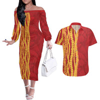 Hawaii Prince Kuhio Couples Matching Off The Shoulder Long Sleeve Dress and Hawaiian Shirt Red Hawaiian Lau Maia With Leis LT05 Red - Polynesian Pride