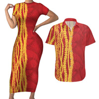 Hawaii Prince Kuhio Couples Matching Short Sleeve Bodycon Dress and Hawaiian Shirt Red Hawaiian Lau Maia With Leis LT05 Red - Polynesian Pride