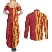 Hawaii Prince Kuhio Couples Matching Summer Maxi Dress and Long Sleeve Button Shirt Red Hawaiian Lau Maia With Leis