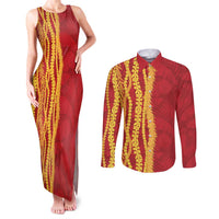 Hawaii Prince Kuhio Couples Matching Tank Maxi Dress and Long Sleeve Button Shirt Red Hawaiian Lau Maia With Leis