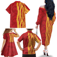 Hawaii Prince Kuhio Family Matching Off The Shoulder Long Sleeve Dress and Hawaiian Shirt Red Hawaiian Lau Maia With Leis LT05 - Polynesian Pride