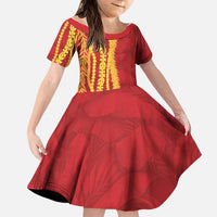 Hawaii Prince Kuhio Family Matching Off Shoulder Maxi Dress and Hawaiian Shirt Red Hawaiian Lau Maia With Leis LT05 Daughter's Dress Red - Polynesian Pride