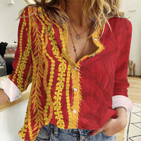 Hawaii Prince Kuhio Women Casual Shirt Red Hawaiian Lau Maia With Leis