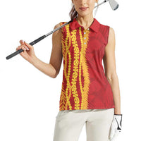 Hawaii Prince Kuhio Women Sleeveless Polo Shirt Red Hawaiian Lau Maia With Leis