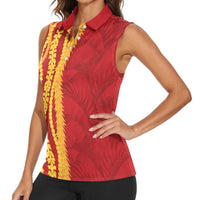 Hawaii Prince Kuhio Women Sleeveless Polo Shirt Red Hawaiian Lau Maia With Leis