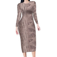 Hawaii Prince Kuhio Family Matching Long Sleeve Bodycon Dress and Hawaiian Shirt Mocha Hawaiian Lau Maia With Leis LT05 Mom's Dress Mocha - Polynesian Pride