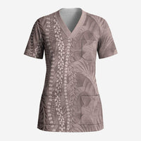 Hawaii Prince Kuhio Scrub Top Mocha Hawaiian Lau Maia With Leis