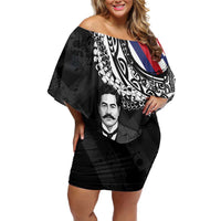Personalised Hawaii Prince Kuhio Family Matching Off Shoulder Short Dress and Hawaiian Shirt Hawaiian Maile Lei LT05 Mom's Dress Black - Polynesian Pride