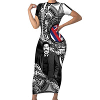Personalised Hawaii Prince Kuhio Family Matching Short Sleeve Bodycon Dress and Hawaiian Shirt Hawaiian Maile Lei LT05 Mom's Dress Black - Polynesian Pride