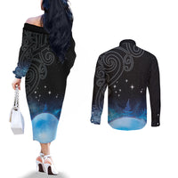 New Zealand Matariki Couples Matching Off The Shoulder Long Sleeve Dress and Long Sleeve Button Shirt Pleiades Star Cluster Blue Galaxy LT05 - Polynesian Pride