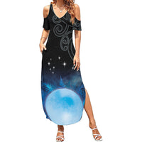 New Zealand Matariki Family Matching Summer Maxi Dress and Hawaiian Shirt Pleiades Star Cluster Blue Galaxy LT05 Mom's Dress Blue - Polynesian Pride