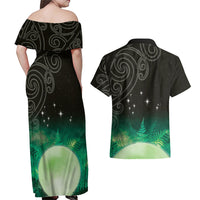 New Zealand Matariki Couples Matching Off Shoulder Maxi Dress and Hawaiian Shirt Pleiades Star Cluster Green Galaxy LT05 - Polynesian Pride
