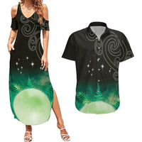 New Zealand Matariki Couples Matching Summer Maxi Dress and Hawaiian Shirt Pleiades Star Cluster Green Galaxy LT05 Green - Polynesian Pride