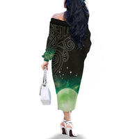 New Zealand Matariki Family Matching Off The Shoulder Long Sleeve Dress and Hawaiian Shirt Pleiades Star Cluster Green Galaxy LT05 - Polynesian Pride