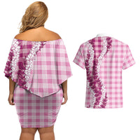 Pink Hawaii Palaka Couples Matching Off Shoulder Short Dress and Hawaiian Shirt Hawaiian Honohono Lei LT05 - Polynesian Pride